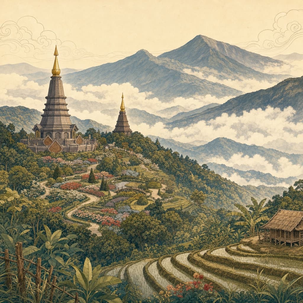 Lanna-style illustration of Doi Inthanon, the twin royal pagodas on a misty mountain ridge with flower gardens and cloud-wrapped peaks