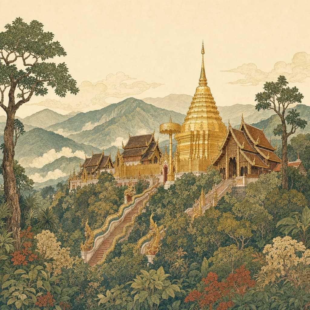 Lanna-style illustration of Wat Phra That Doi Suthep, its golden chedi and naga staircase on a forested mountain above Chiang Mai