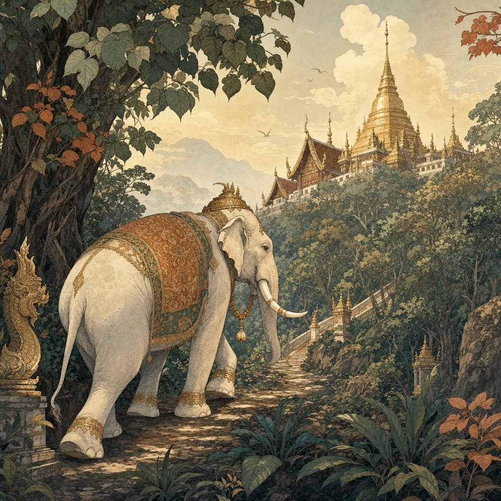 Lanna-style illustration of a sacred white elephant climbing the forested slopes of Doi Suthep toward the golden temple, soft morning light