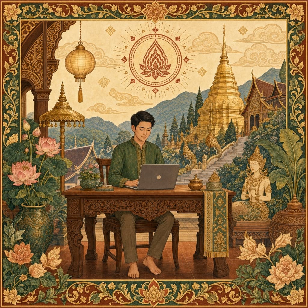 Lanna-style illustration of a remote worker at a teak desk beneath a Thai visa stamp and Doi Suthep skyline