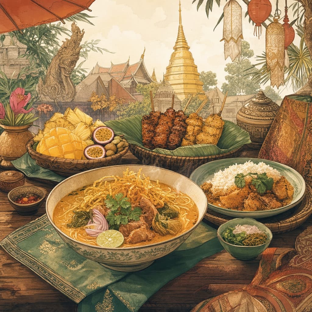 Lanna-style illustration of cheap-and-cheerful Chiang Mai eats — a steaming bowl of curry noodles, a plate of rice and curry, grilled skewers and tropical fruit on a market table