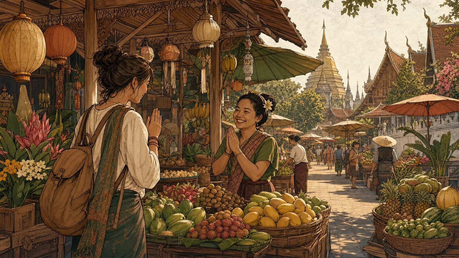 A warm Lanna-style illustration of a traveller greeting a smiling market vendor with a wai among morning fruit stalls in Chiang Mai's Old City