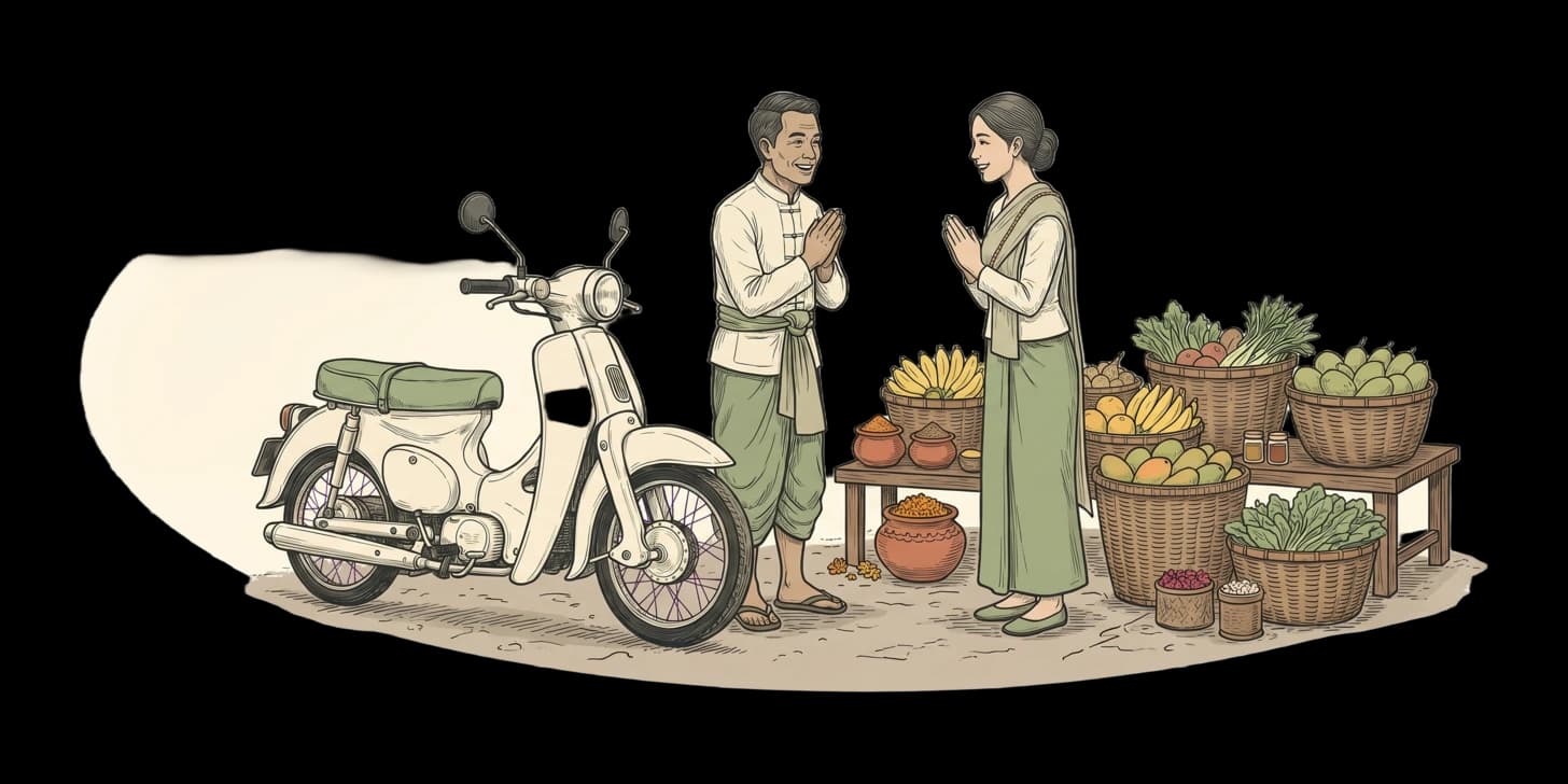A traveller and a market vendor exchanging a wai over a stall of mangoes and rambutans