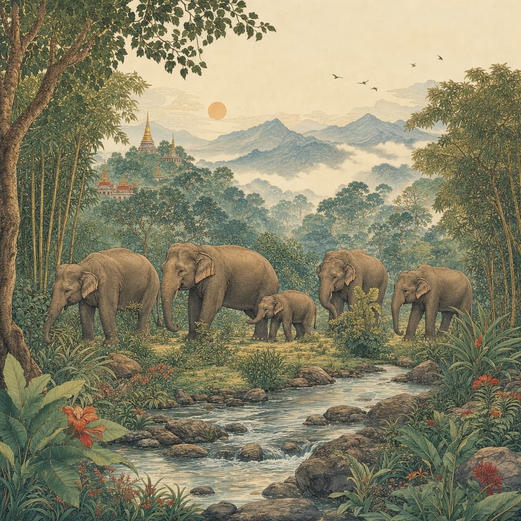 Lanna-style illustration of a small herd of elephants, including a baby, roaming freely in a green jungle valley near Chiang Mai
