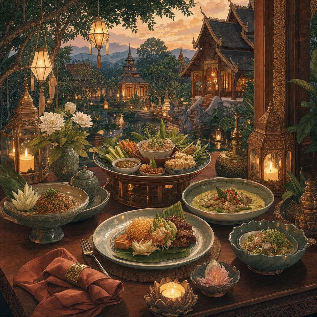 A warm Lanna-style illustration of an elegant candle-lit fine-dining table with refined Northern Thai dishes in a garden setting in Chiang Mai.
