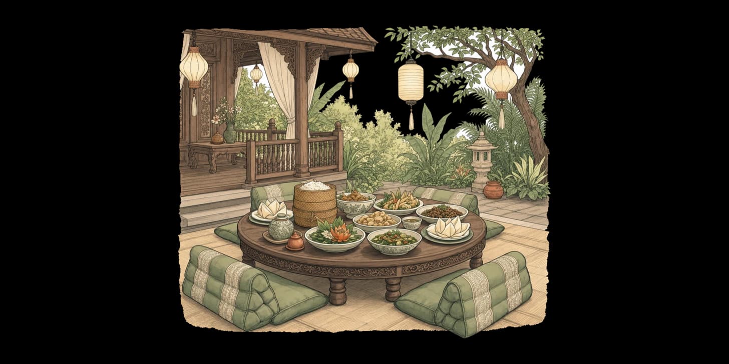 兰纳风格插图,描绘清迈高档花园或河畔餐厅的用餐环境