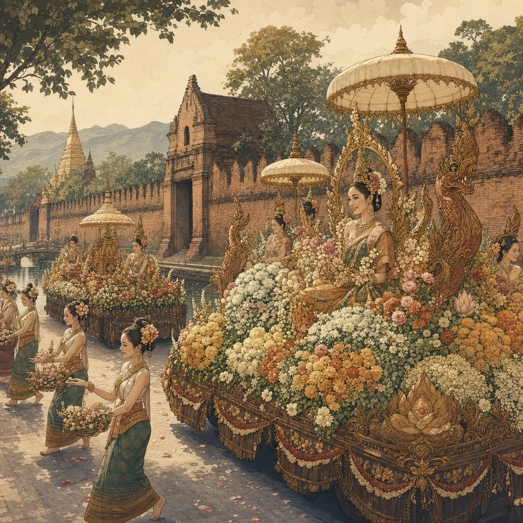 Lanna-style illustration of a Chiang Mai flower-festival parade — floats heaped with chrysanthemums and roses rolling past the old city moat