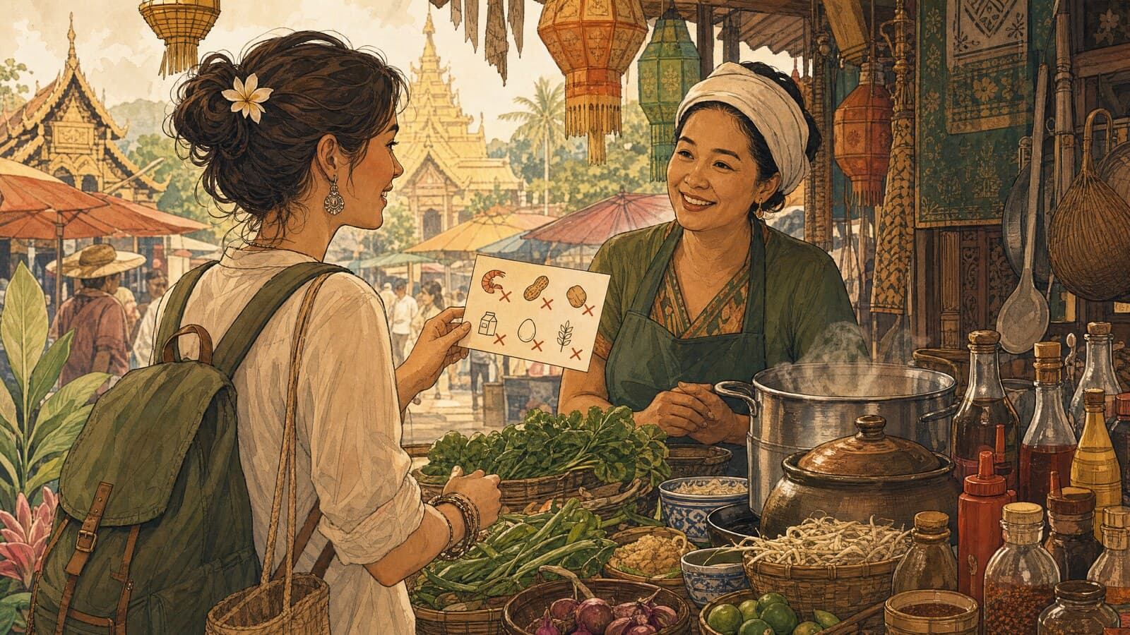 A warm Lanna-style illustration of a traveller showing a written allergy card to a smiling cook at a Chiang Mai market food stall, with steaming pots, fresh herbs and sauce bottles around them