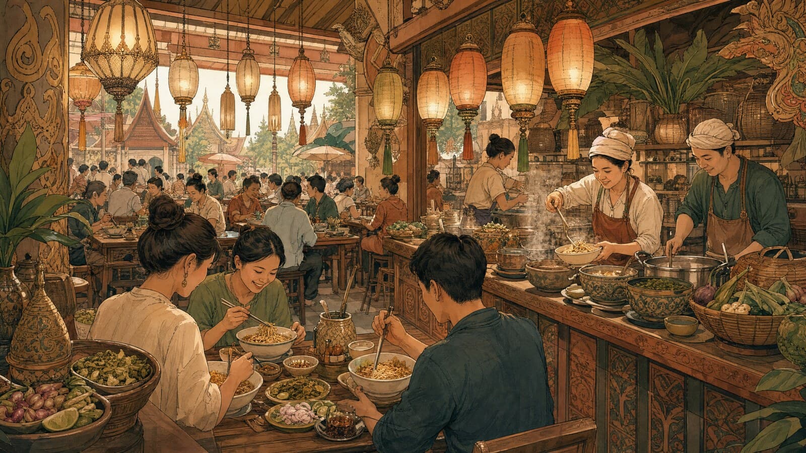 A warm Lanna-style illustration of a bustling Chiang Mai food court, diners at long tables with steaming bowls of khao soi while stallholders ladle noodles under hanging lanterns
