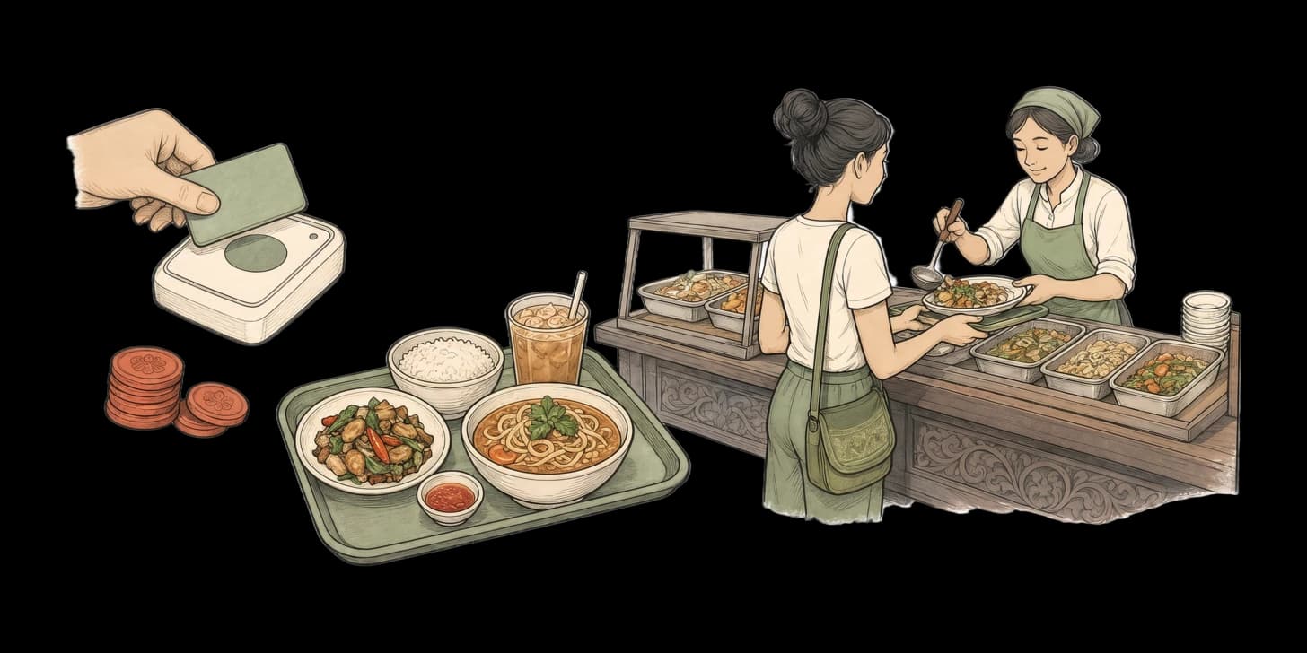 A tray of khao soi with pickled greens and an iced Thai tea on a stainless-steel food court table