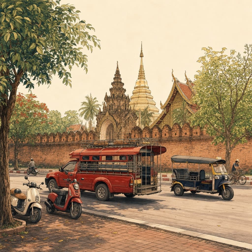 Lanna-style illustration of a Chiang Mai old-city street with a red songthaew shared truck, parked scooters and a tuk-tuk by an old brick gate