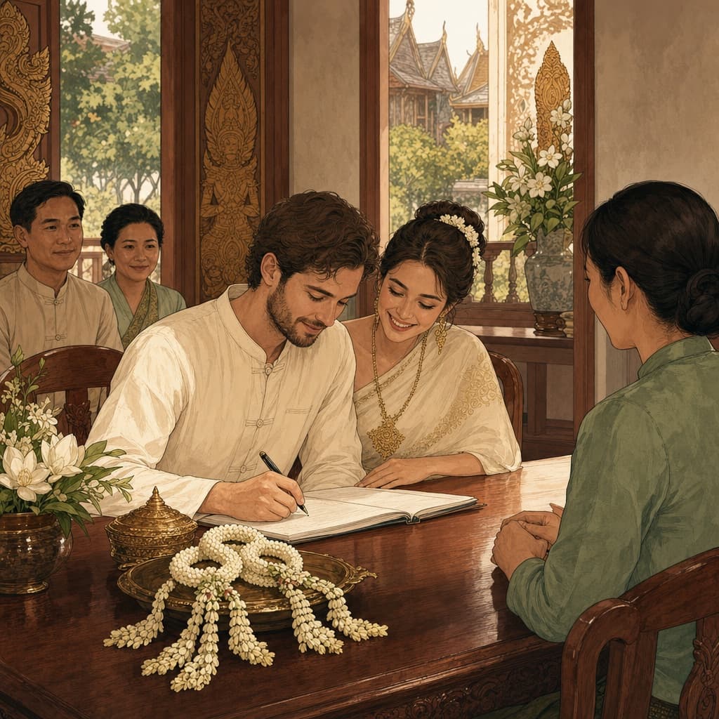 A warm Lanna-style illustration of a foreign couple signing a marriage register at a Thai district office, jasmine garlands resting on the desk.