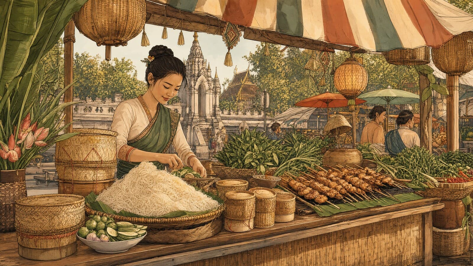 A warm Lanna-style illustration of a Chiang Mai market stall piled with rice noodles, woven sticky-rice baskets, grilled chicken skewers and fresh herbs under a striped awning
