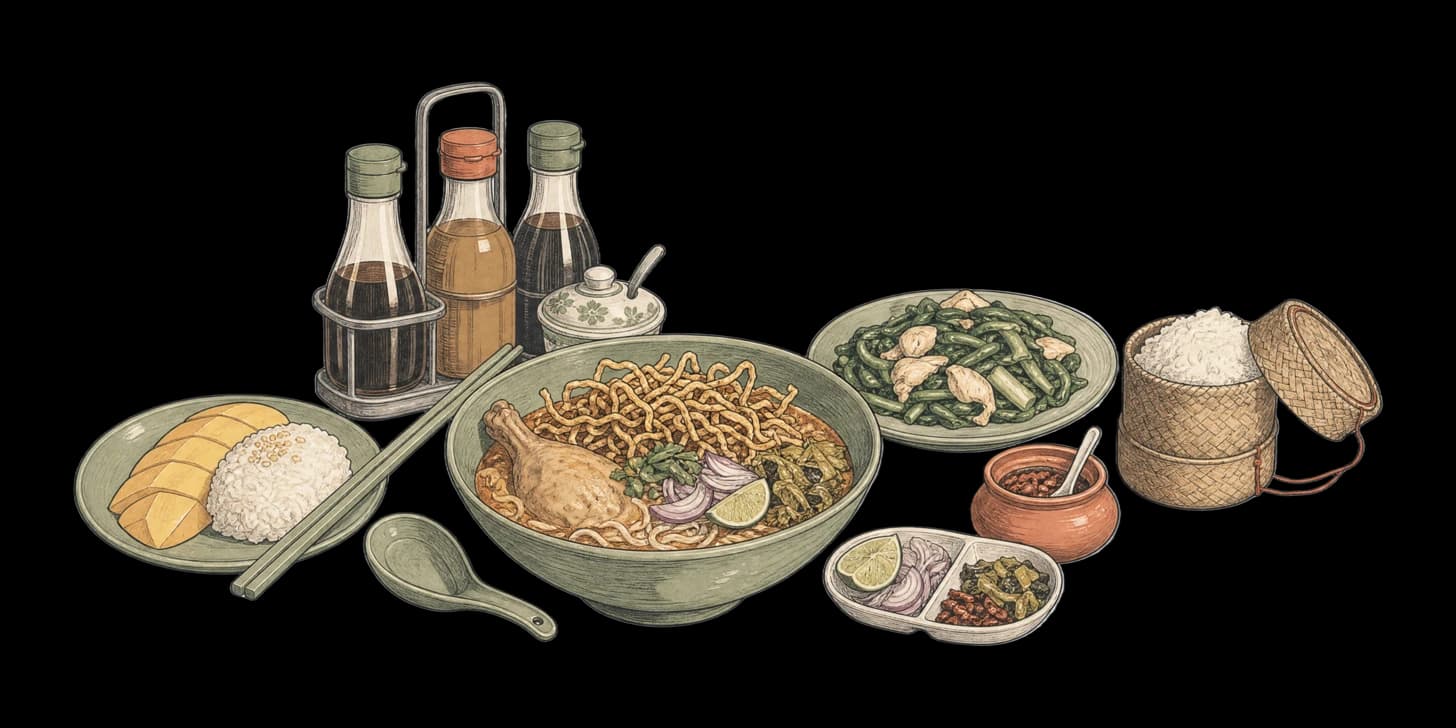 A bowl of khao soi crowned with crispy noodles beside a second bowl swapped to soft rice noodles