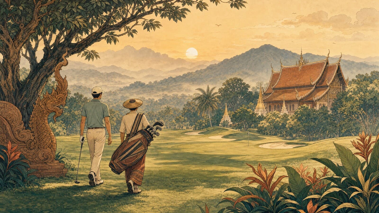 A warm Lanna-style illustration of a golfer and caddie walking a lush fairway at sunrise, misty northern Thai mountains and a temple roofline in the distance