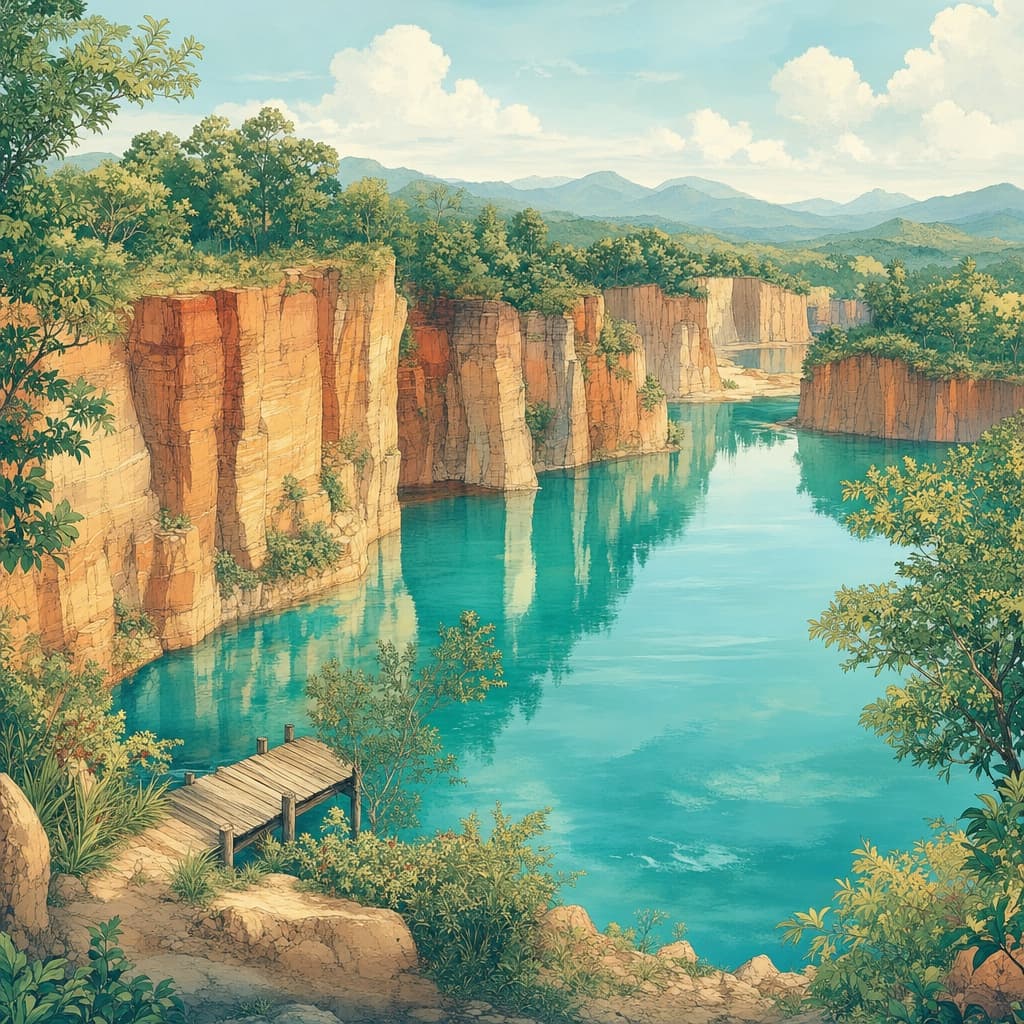 Lanna-style illustration of the Grand Canyon at Hang Dong near Chiang Mai, turquoise water below warm ochre quarry cliffs