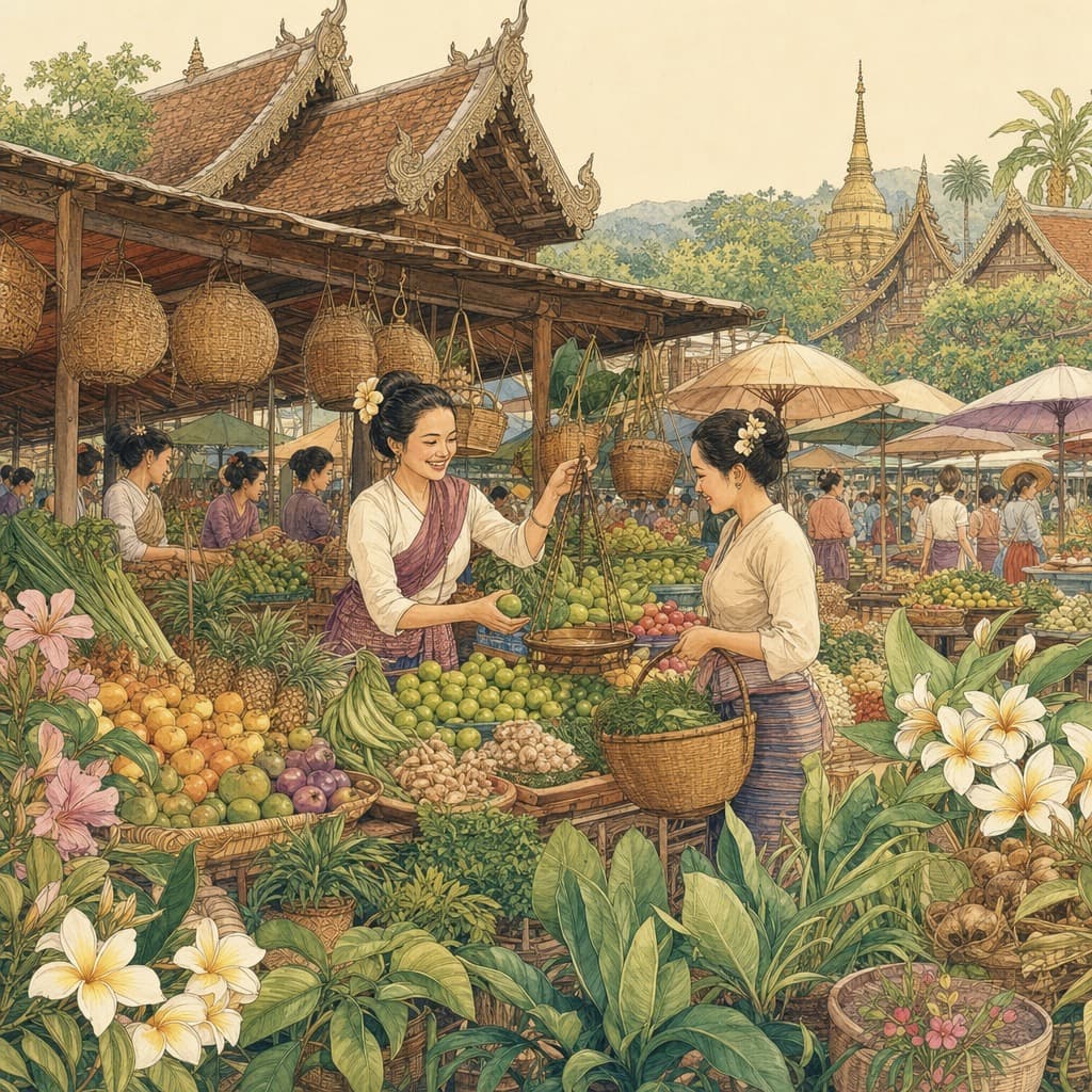 Lanna-style illustration of a vibrant Chiang Mai fresh market with colourful fruit and vegetable stalls, a friendly vendor and a shopper with a woven basket