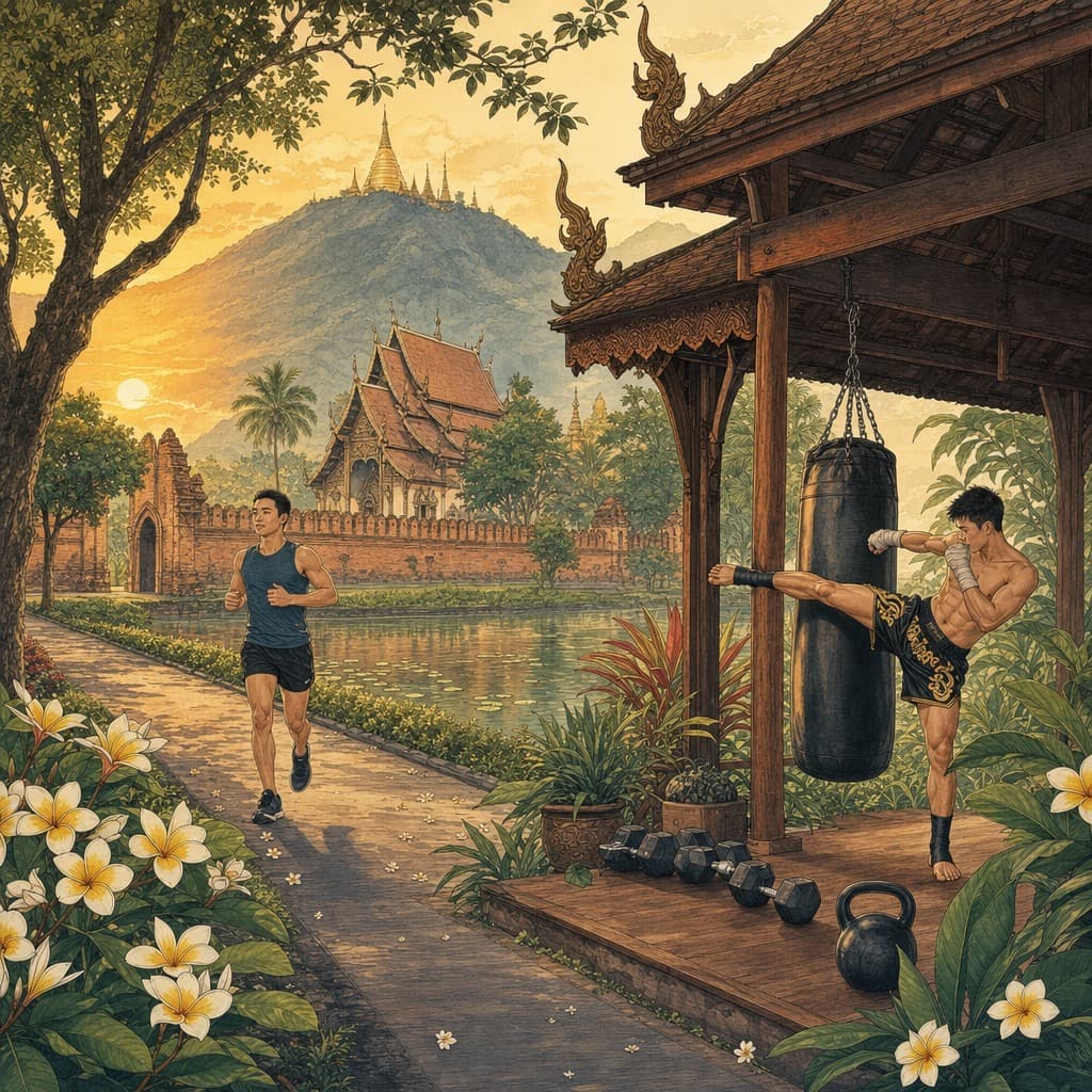 Lanna-style illustration of fitness in Chiang Mai — a runner by the old city moat at sunrise and a Muay Thai kick on a bag, with Doi Suthep behind