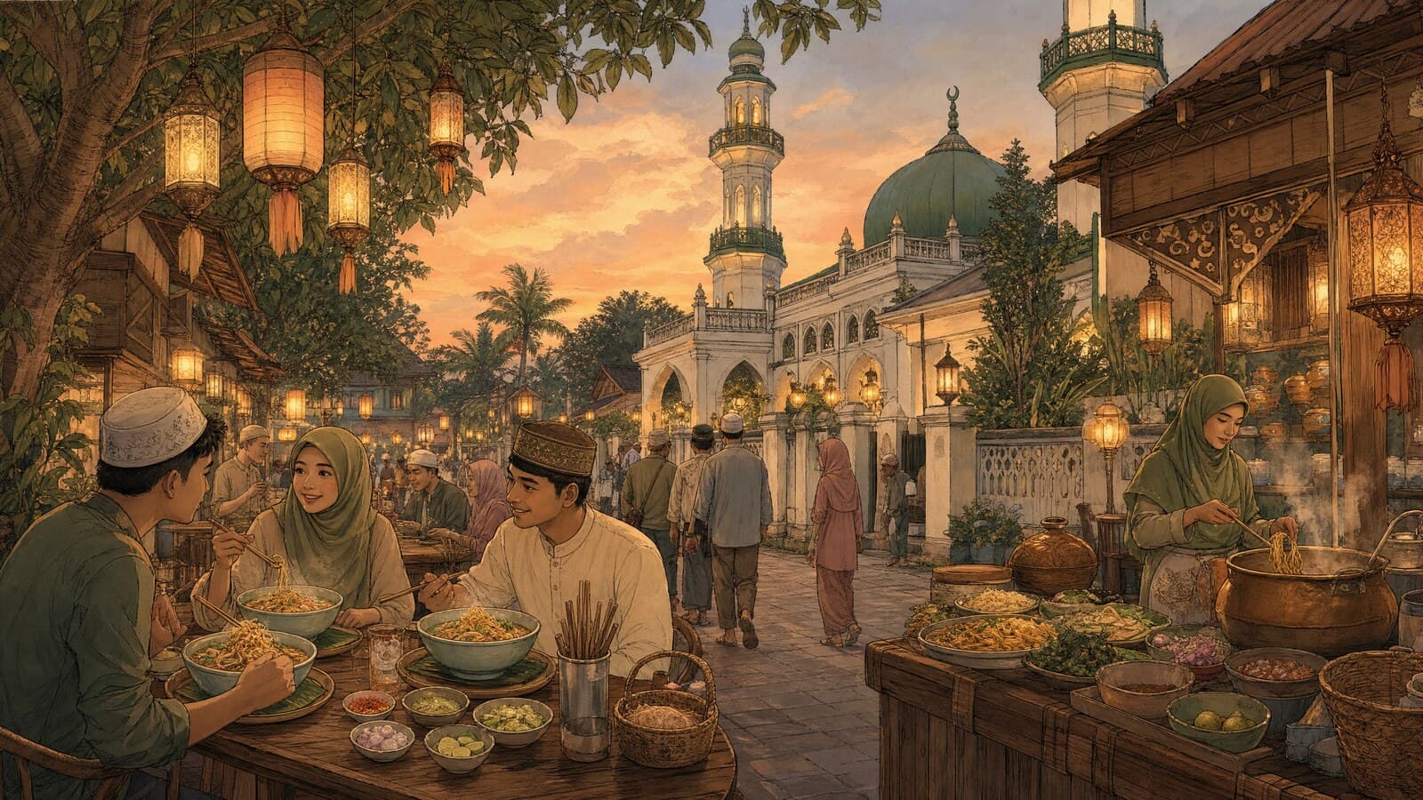 A warm Lanna-style illustration of a lantern-lit lane beside a mosque at dusk, with steaming bowls of khao soi, market stalls and diners sharing an evening meal
