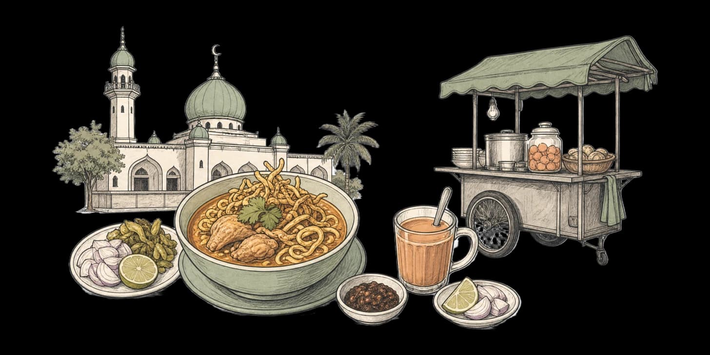 Market stall displaying dates, spices and fresh produce beneath a green halal sign