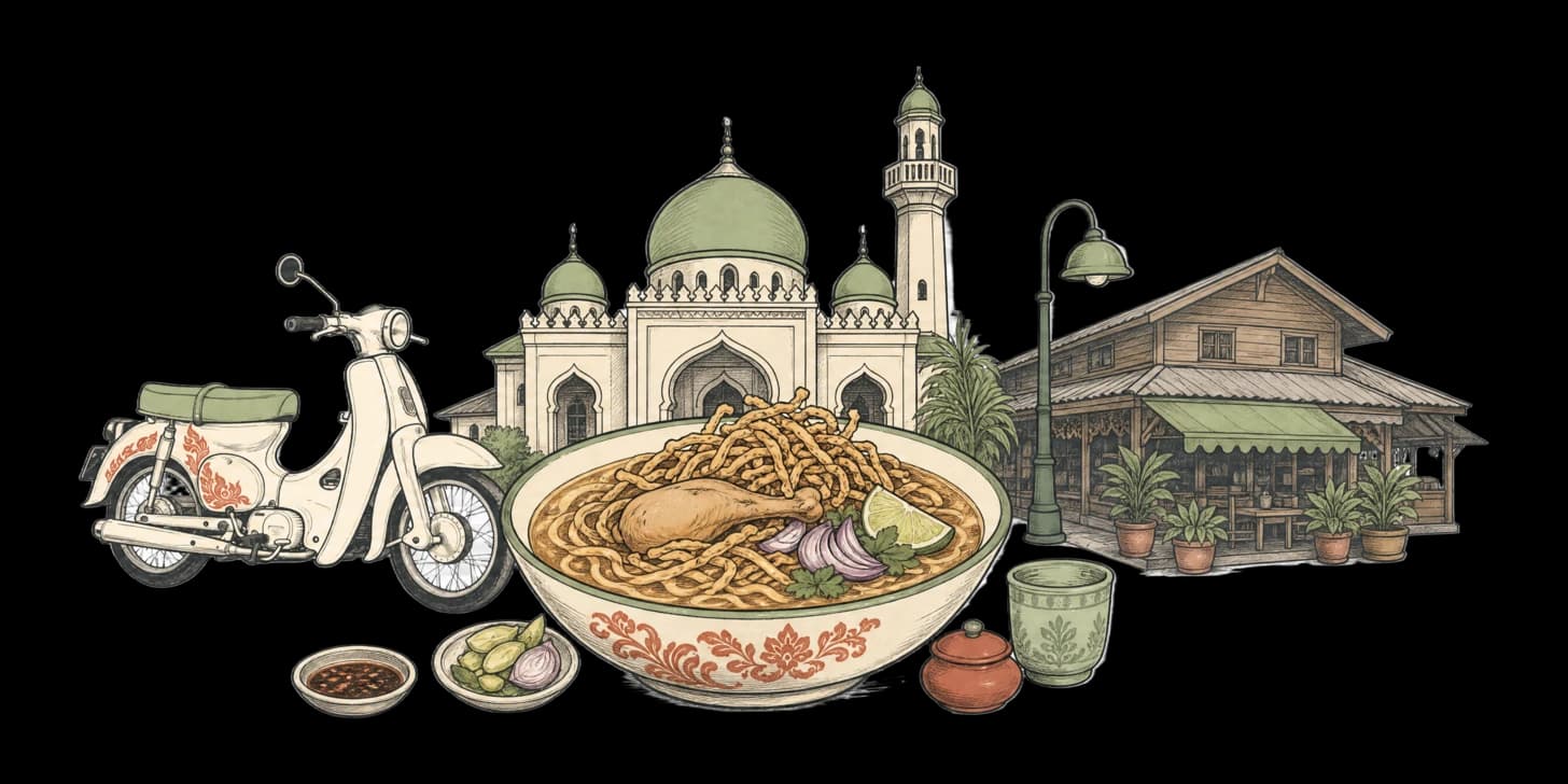 Diners at low tables in a lantern-lit lane beside a mosque, with steaming food stalls