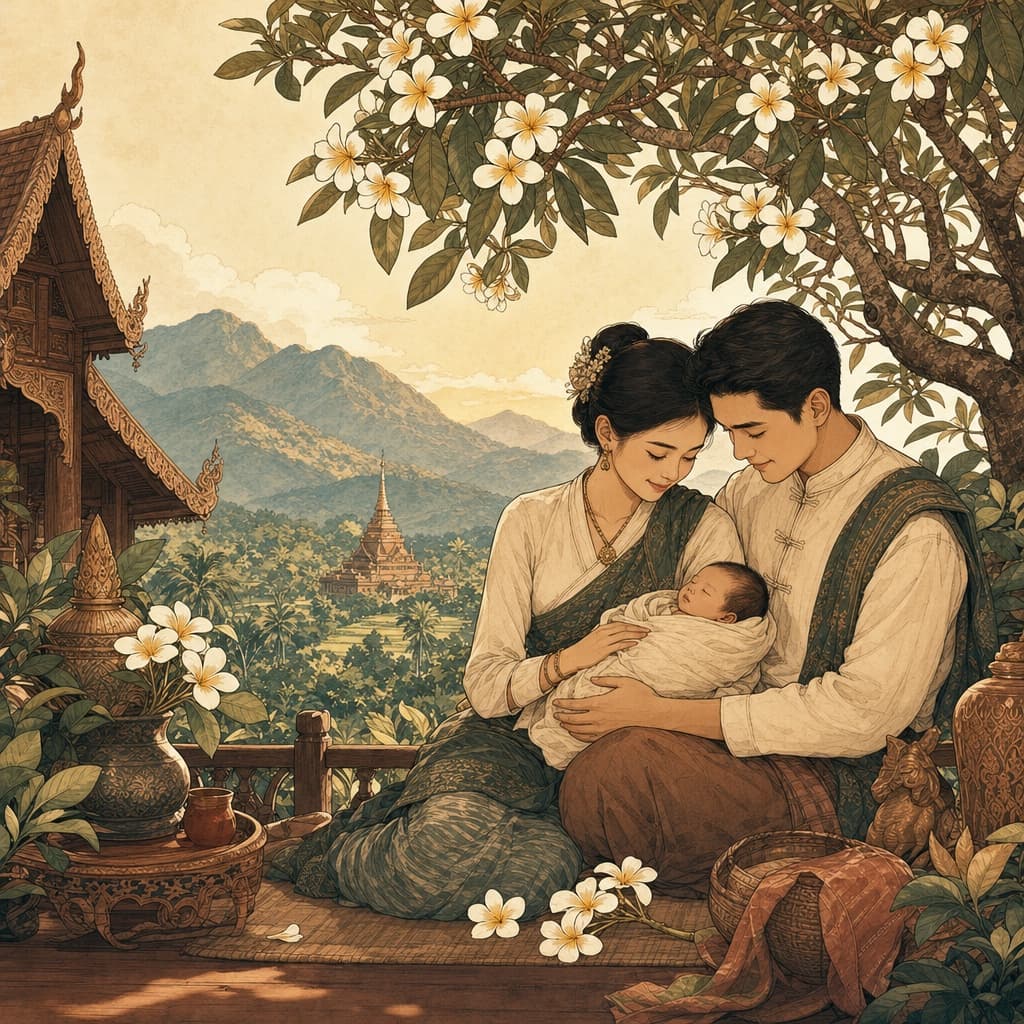 Soft Lanna-style illustration of new parents cradling a newborn beneath a flowering frangipani tree, green mountains and warm morning light behind