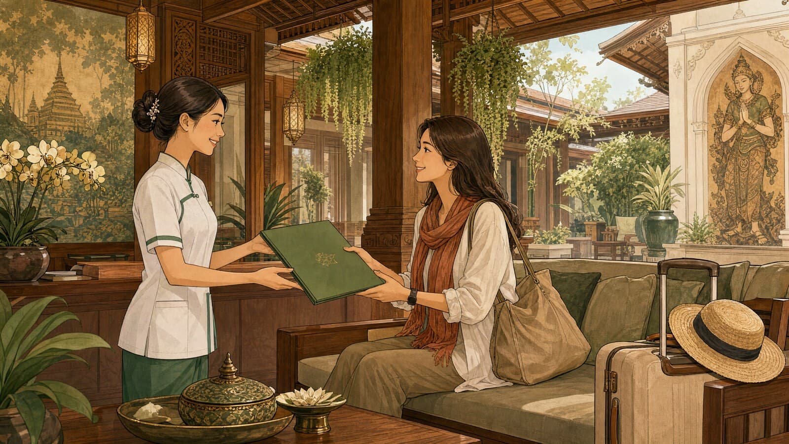A warm Lanna-style illustration of a calm hospital lobby in Chiang Mai, where a friendly nurse hands a health report folder to a relaxed traveller beneath teak columns and hanging plants