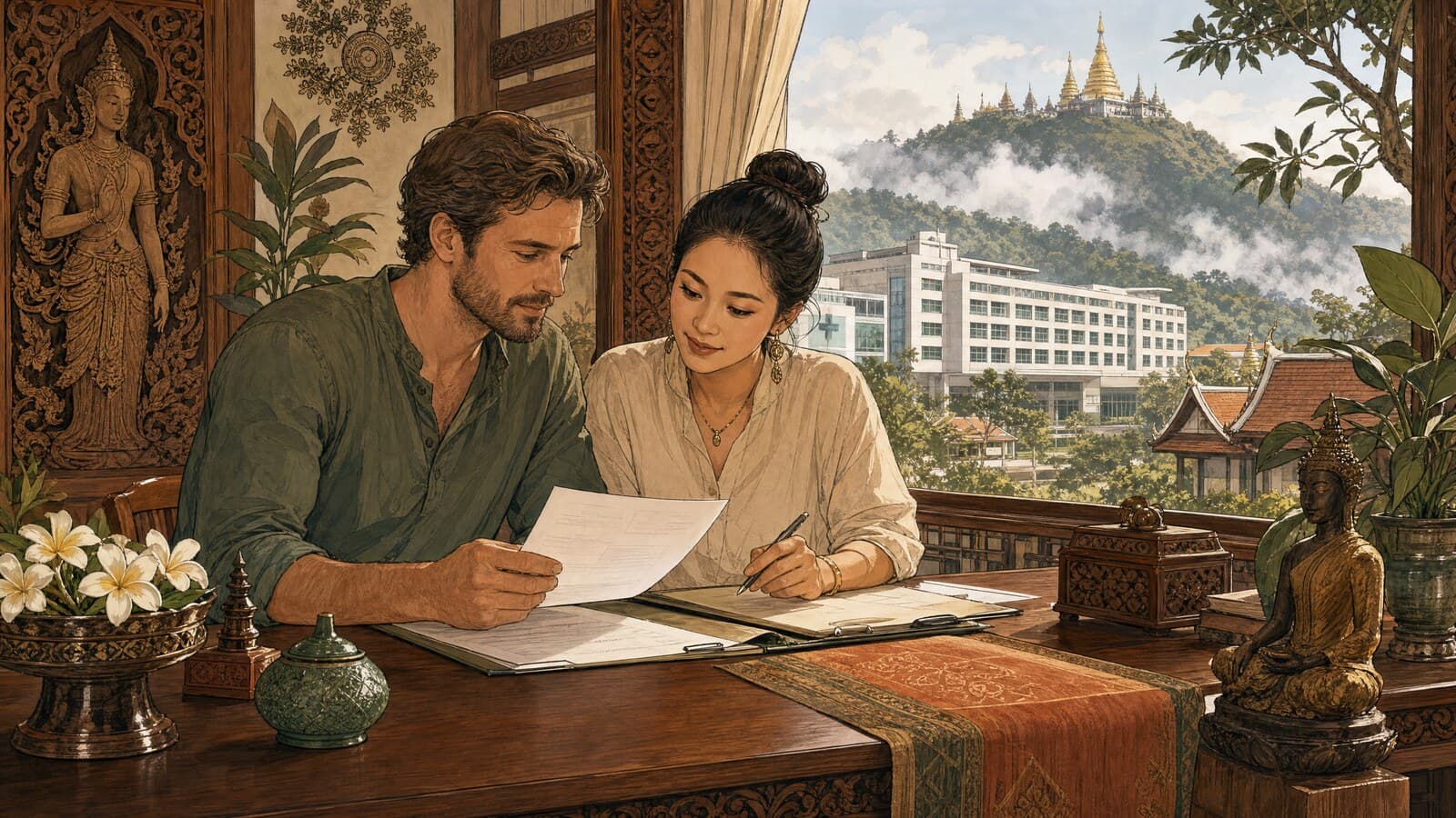 A warm Lanna-style illustration of an expat couple reviewing health-insurance documents at a teak desk, with a Chiang Mai private hospital and misty Doi Suthep beyond the window