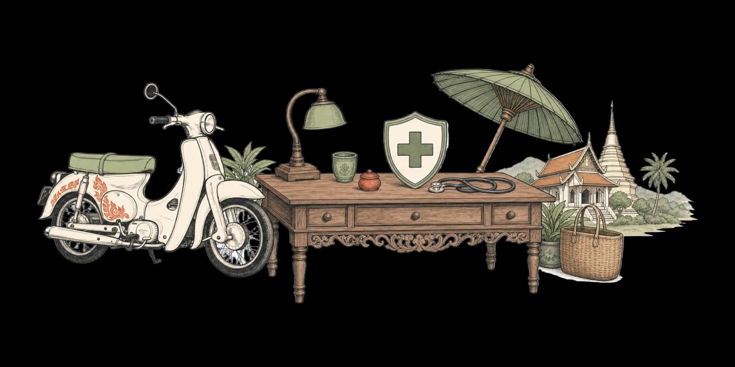 Ein Expat, der ein schmales Reiseversicherungsheft gegen einen dicken Krankenversicherungsordner auf einem Schreibtisch abwägt