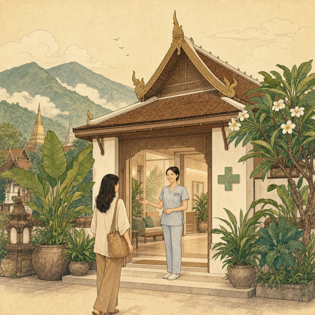 Lanna-style illustration of a calm, friendly Chiang Mai clinic entrance with a welcoming nurse, tropical plants and green mountains behind