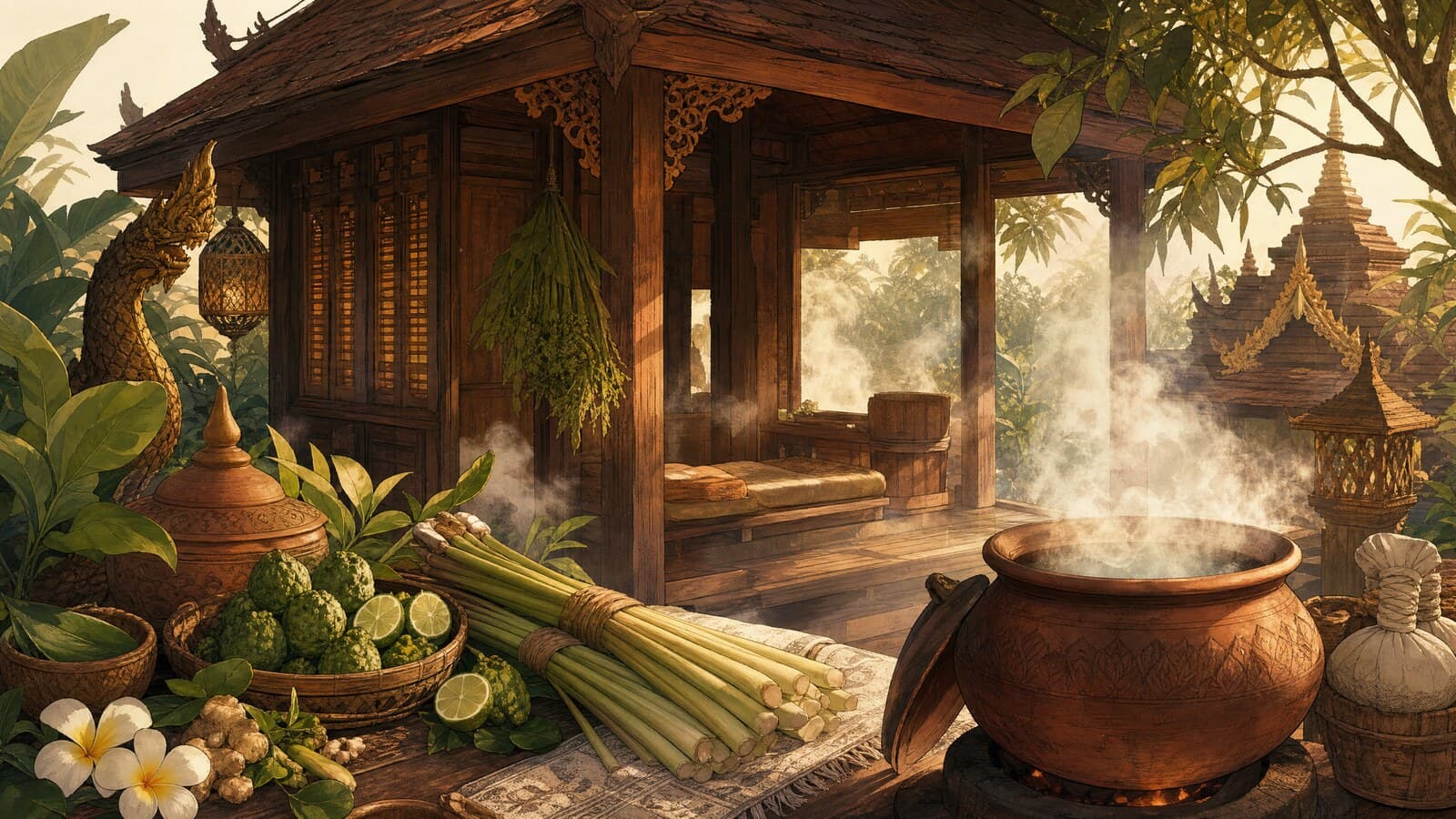 A warm Lanna-style illustration of a small wooden herbal steam house wreathed in fragrant vapour, with bundles of lemongrass and kaffir lime beside a simmering clay pot