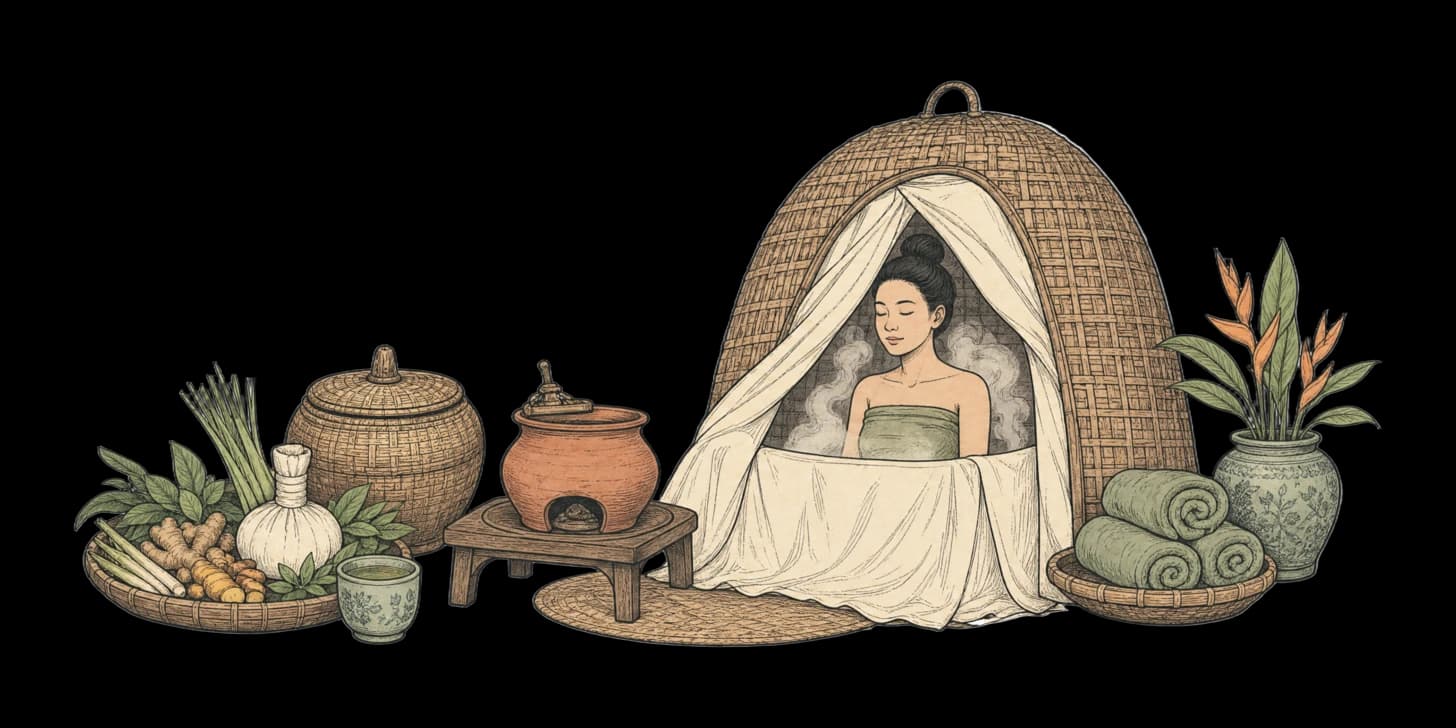 A bather resting on a wooden bench with a cup of herbal tea between steam rounds