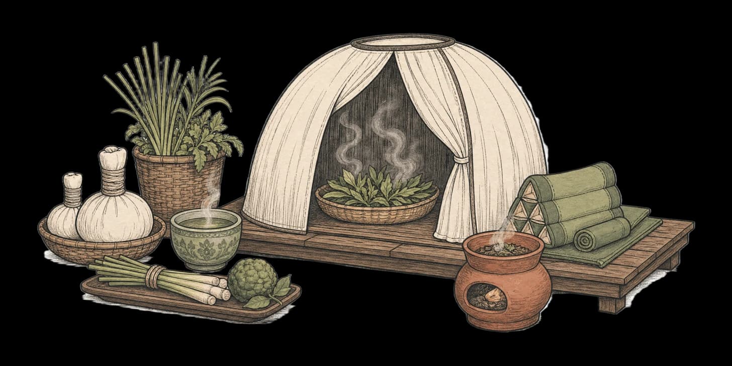 Bundles of lemongrass, kaffir lime and turmeric beside a steaming clay pot