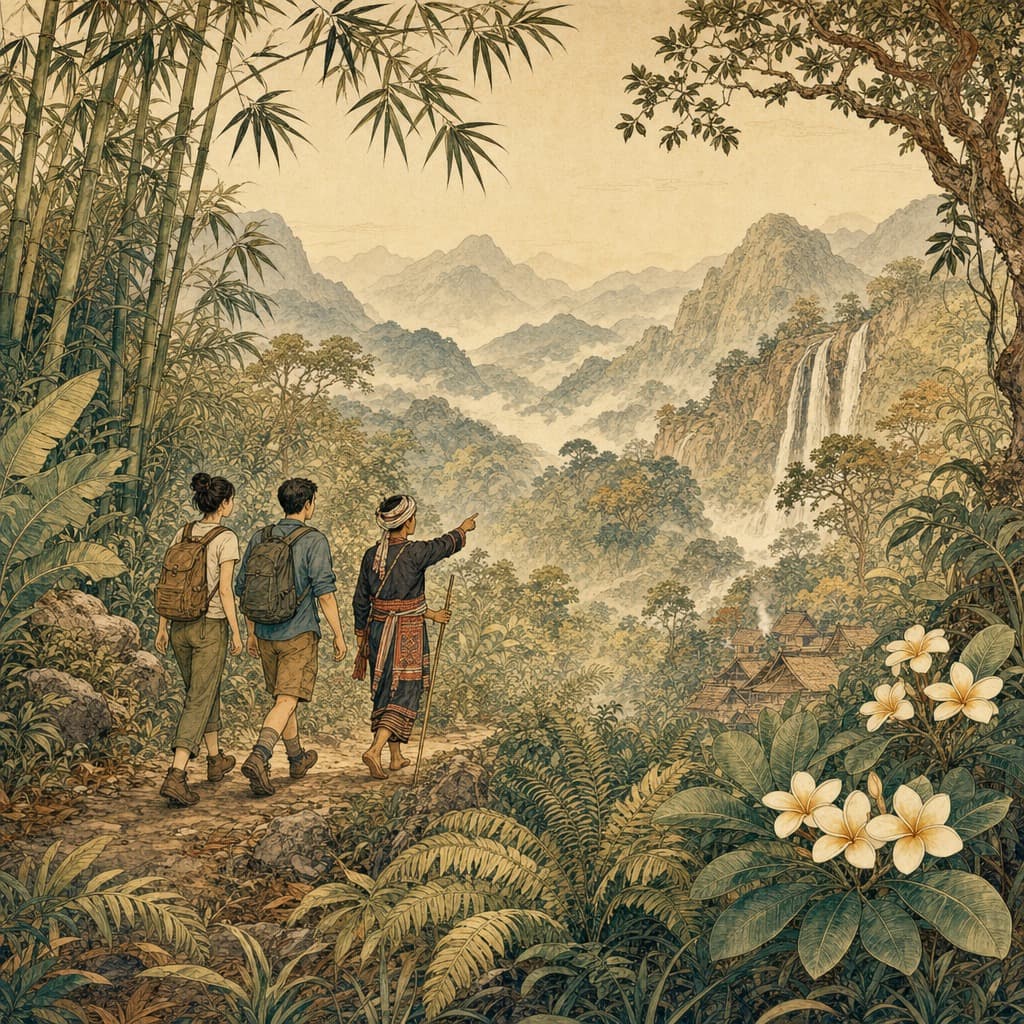 Lanna-style illustration of hikers and a local guide on a jungle mountain trail with a waterfall and misty layered mountains in the distance