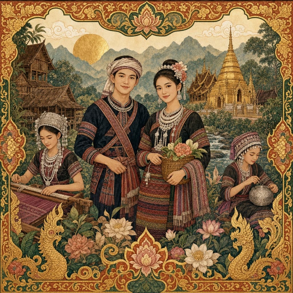 Lanna-style illustration of highland ethnic communities of northern Thailand with their handwoven textiles and silver, rendered with dignity