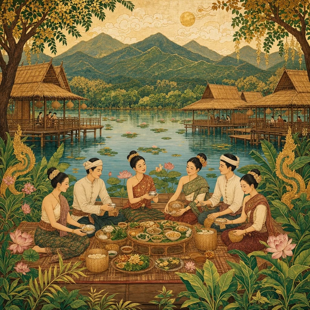 Lanna-style illustration of Huay Tung Tao lake with bamboo huts on stilts over the water, a mountain backdrop, and people eating on woven mats