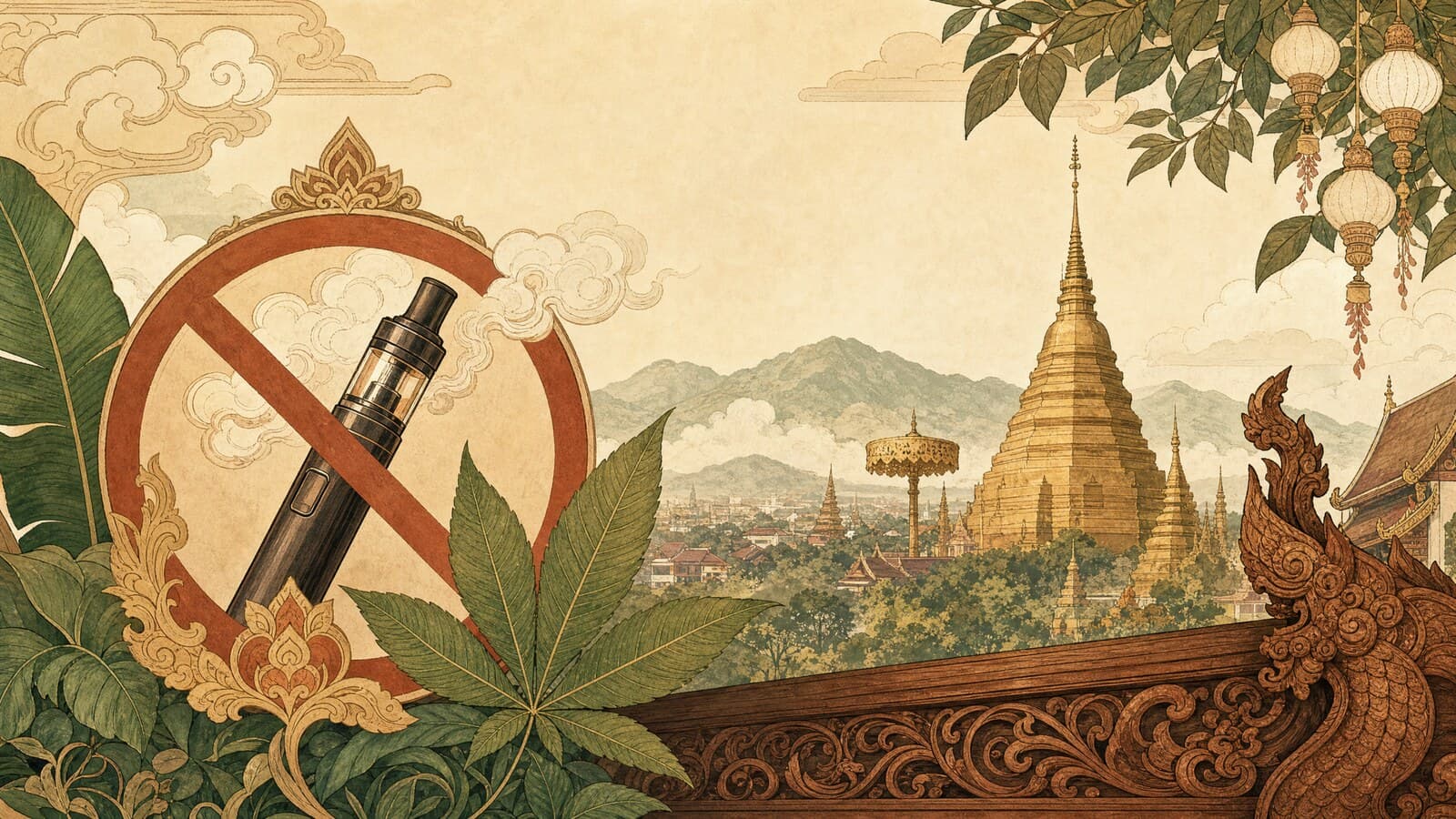 A warm Lanna-style illustration of tasteful prohibition motifs — a crossed-out vape, a leaf and a temple silhouette — arranged over a soft Chiang Mai skyline, with no real text or letters.