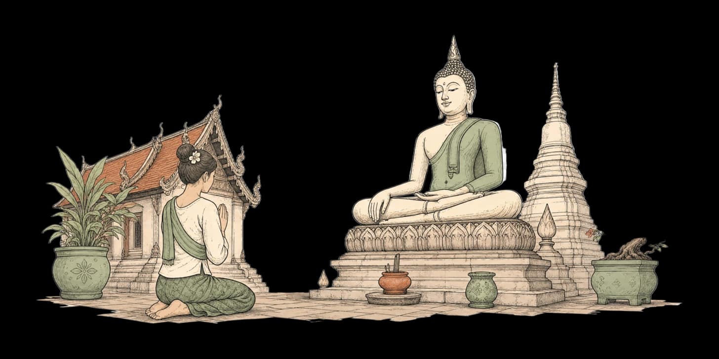 Una ilustración de estilo Lanna de un templo, una imagen de Buda y un discreto símbolo de prohibición sobre los tejados de Chiang Mai