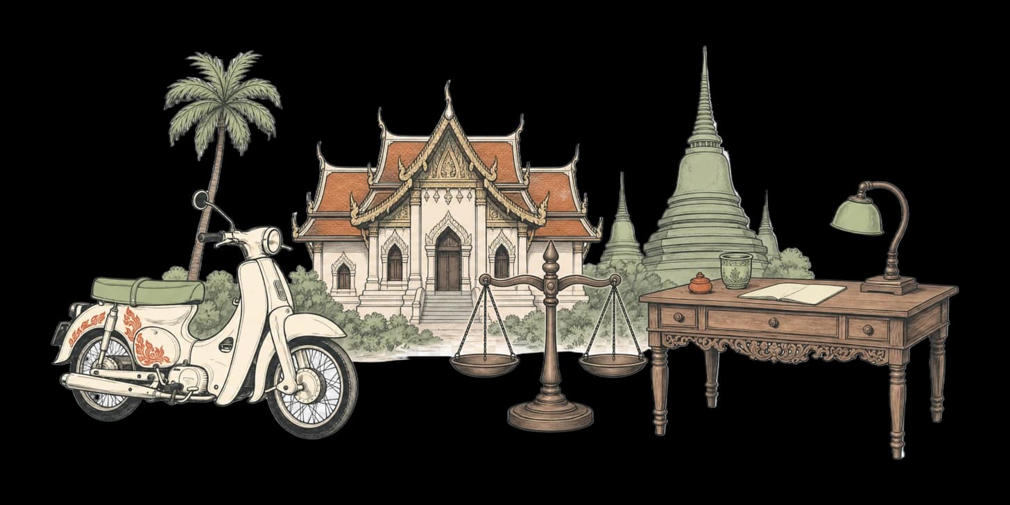 Una ilustración de estilo Lanna de un vape y un cigarrillo tachados frente a un escenario de calle en Chiang Mai