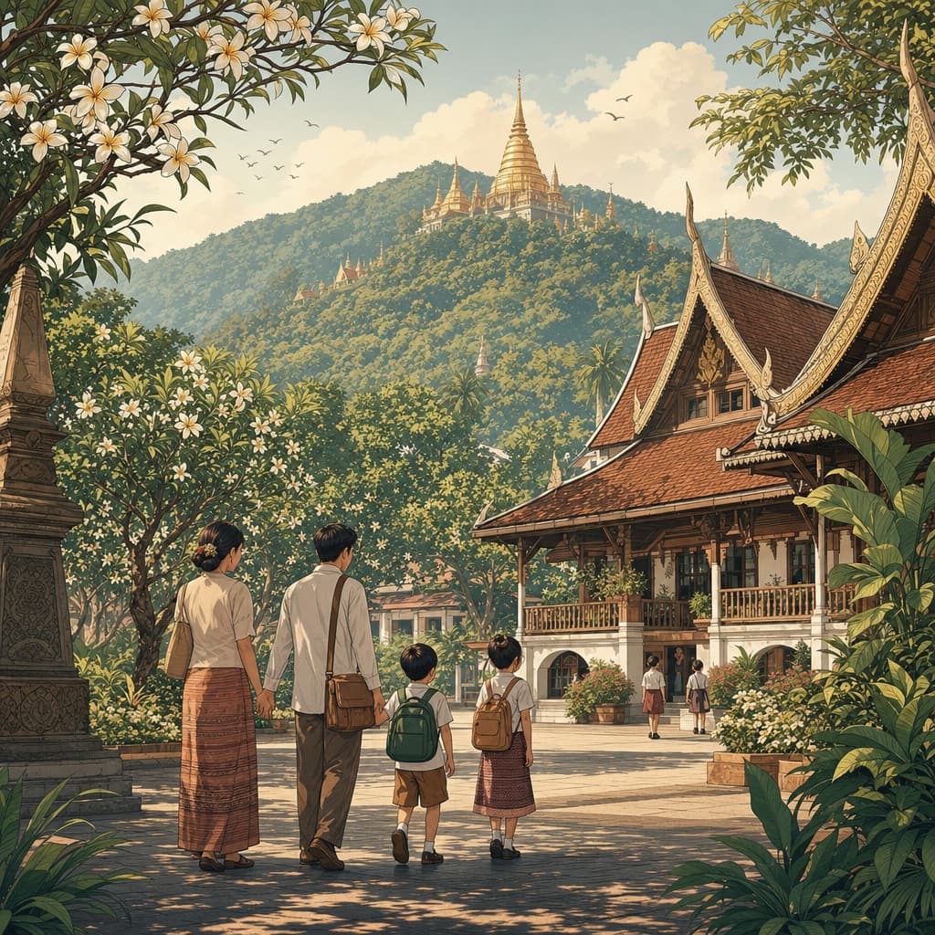 Lanna-style illustration of a family walking to a leafy Chiang Mai schoolhouse beneath Doi Suthep, with temple rooftops and frangipani trees