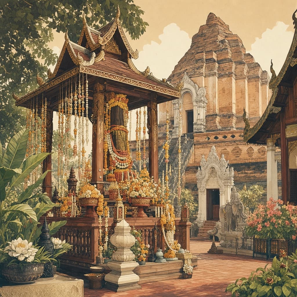 Lanna-style illustration of the Inthakhin city pillar shrine at Wat Chedi Luang, draped with garlands and flower offerings
