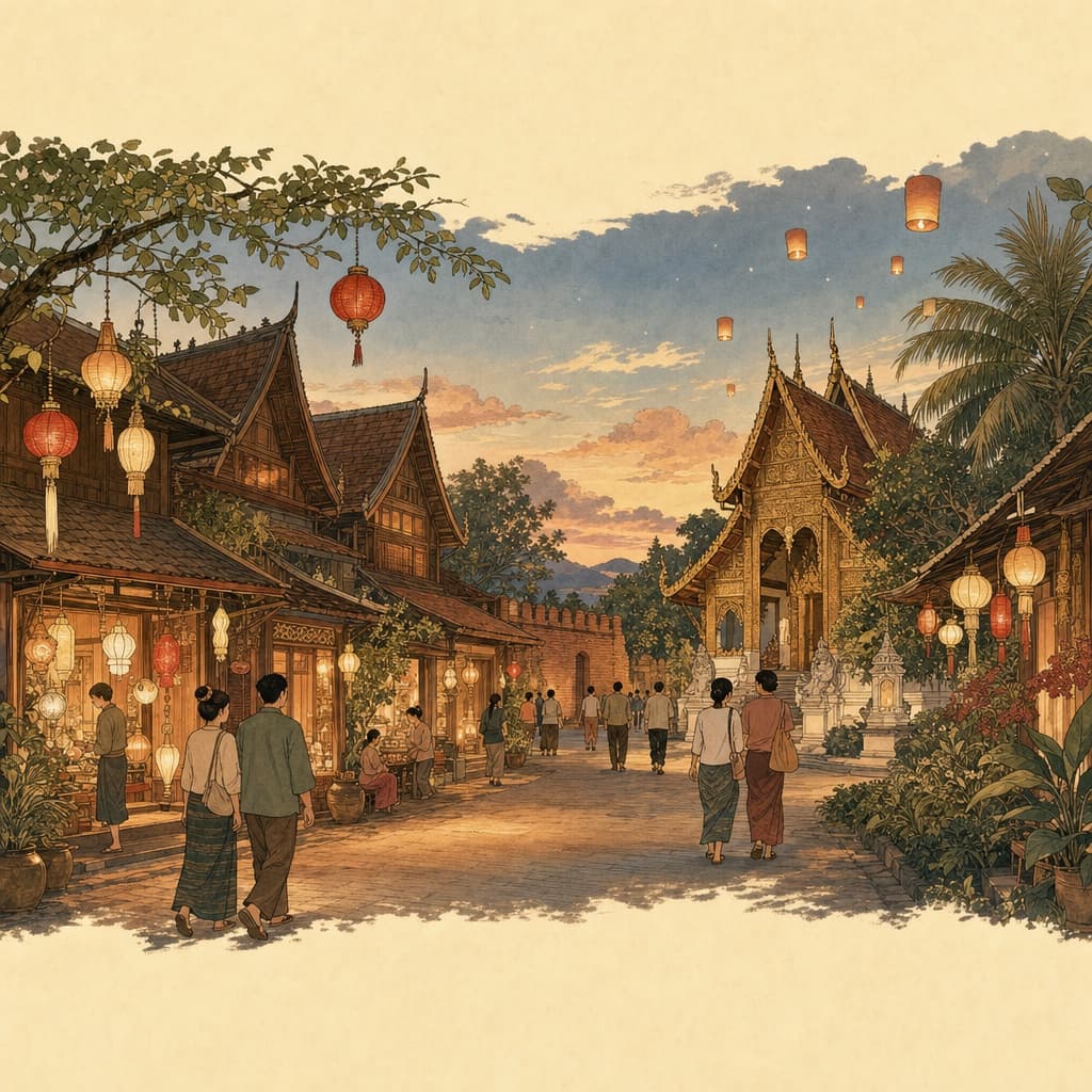 Lanna-style illustration of a calm, friendly lantern-lit evening street in Chiang Mai's old city with people strolling