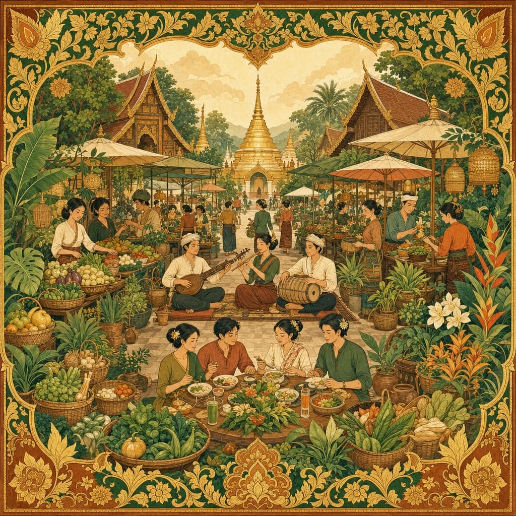 Lanna-style illustration of a leafy weekend organic market — produce stalls, brunch, plants, live music