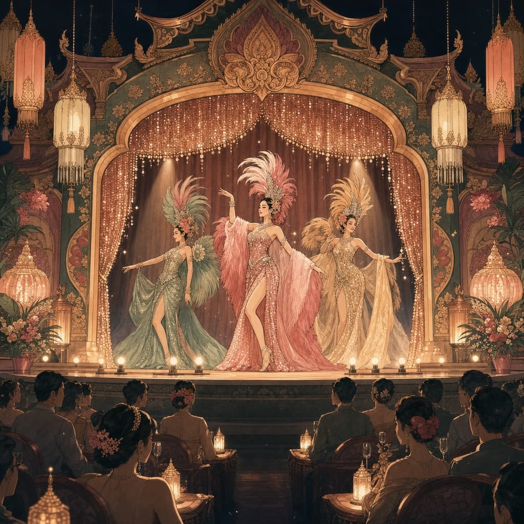 Warm Lanna-style illustration of a Chiang Mai cabaret stage at night — glowing lights, a sparkling curtain and elegant silhouettes, dignified and celebratory