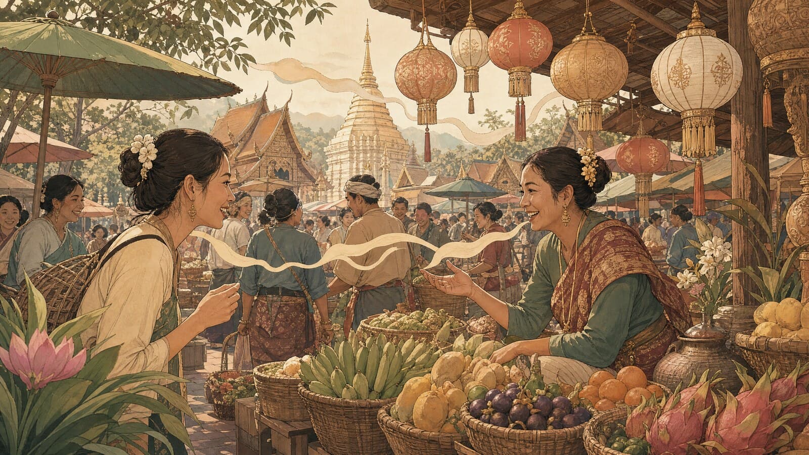 A warm Lanna-style illustration of a lively Chiang Mai morning market, vendors and visitors chatting across baskets of fruit while speech drifts between the stalls like ribbons beneath hanging lanterns