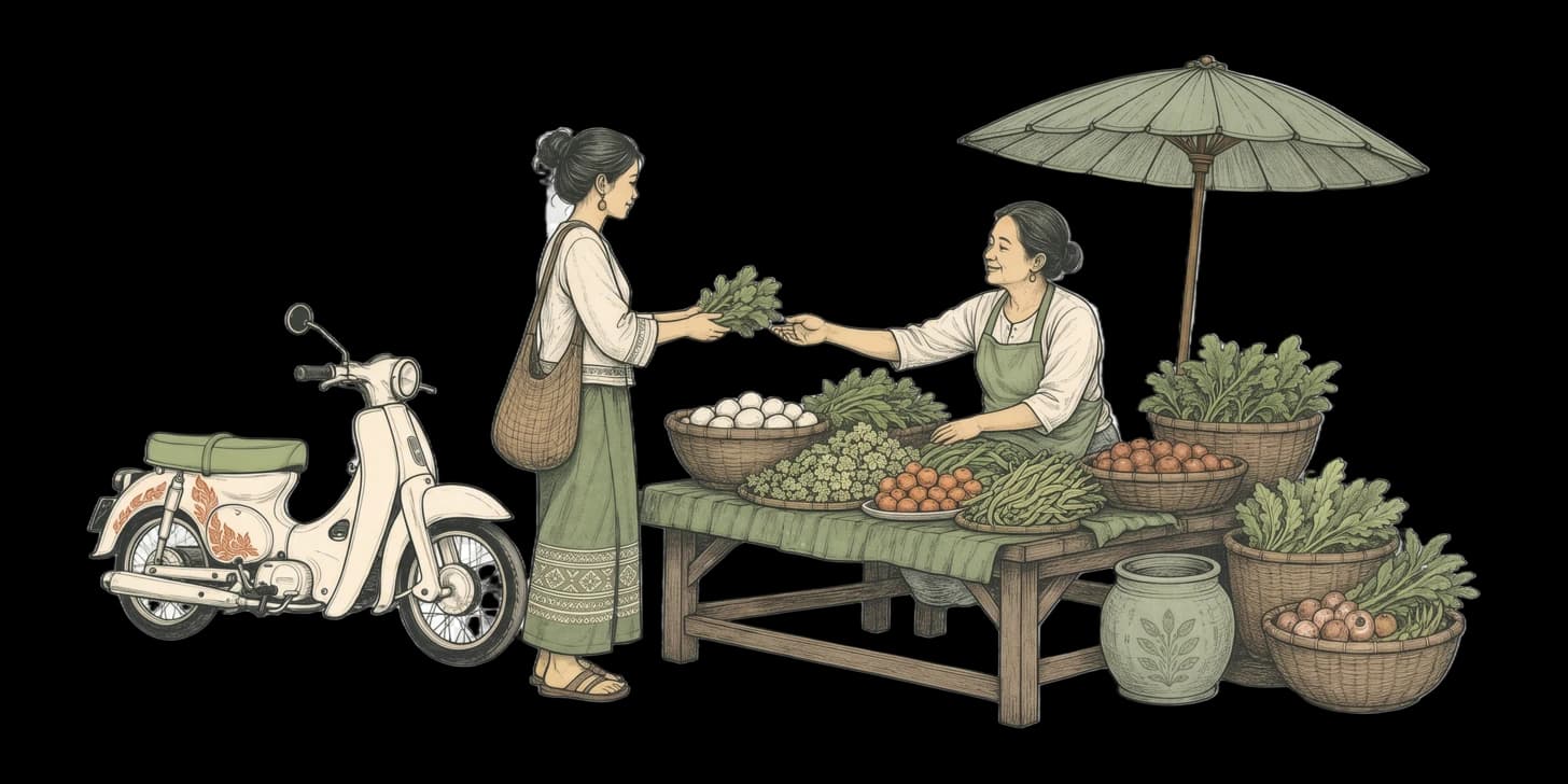 A young woman and her grandmother sharing tea on a teak veranda, a speech bubble of looping Lanna letters floating between them