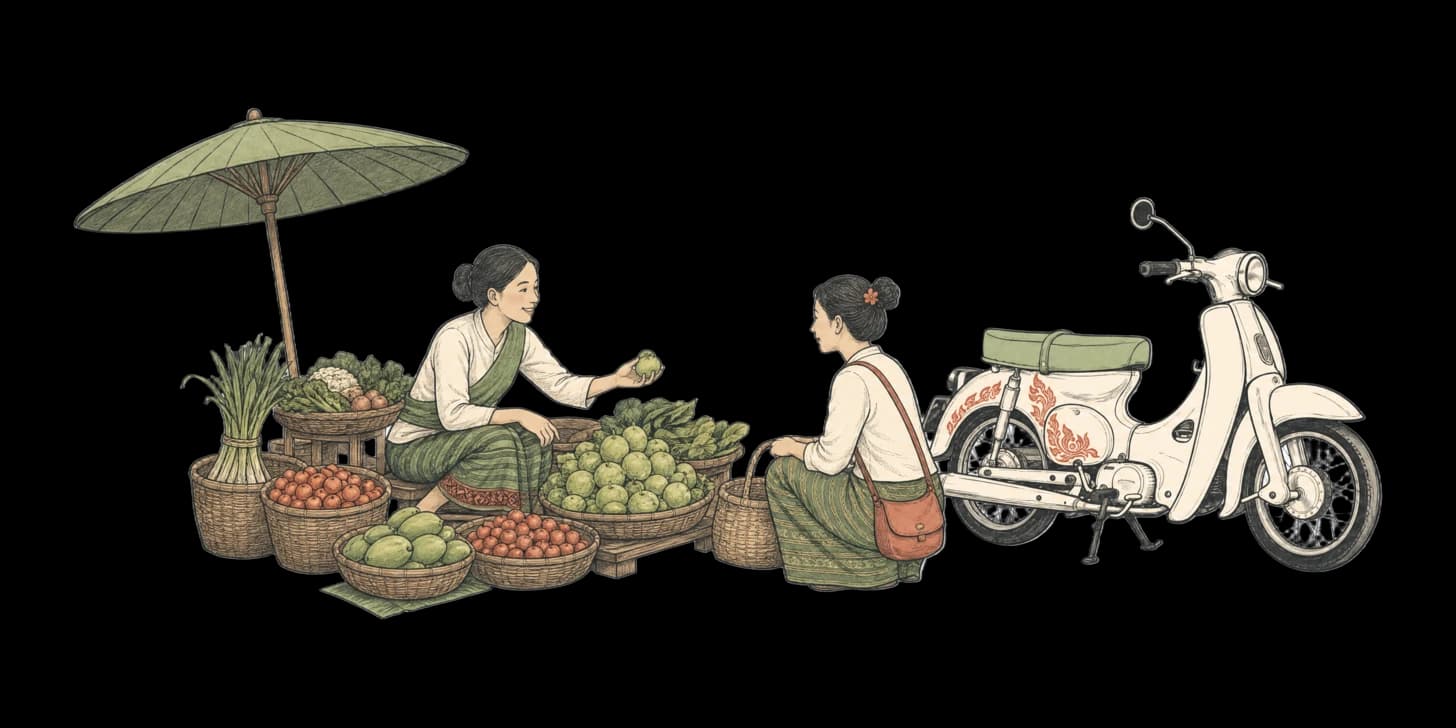 Two market vendors laughing together over baskets of greens and chillies at a northern Thai morning market