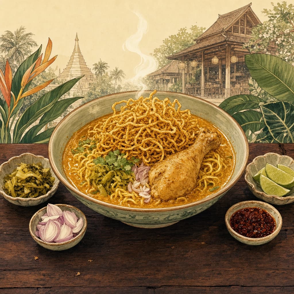 Lanna-style illustration of a bowl of khao soi — golden coconut curry noodle soup topped with crispy noodles, with lime, shallots and pickled greens on the side