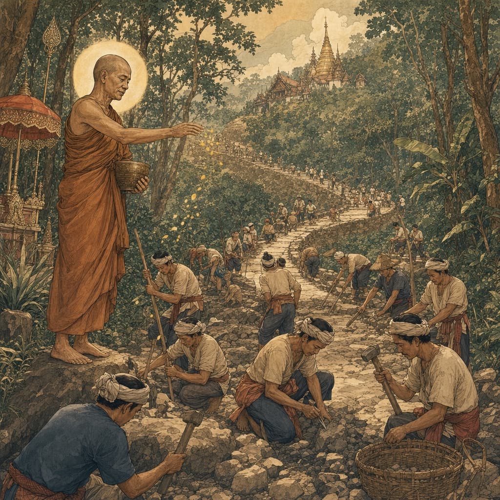 Lanna-style illustration of the monk Khruba Srivichai blessing crowds of volunteers carving the winding forest road up Doi Suthep by hand