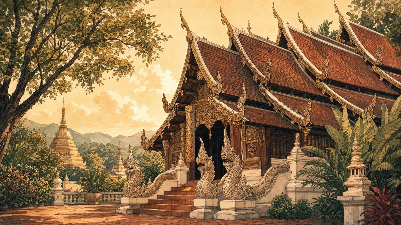 A warm Lanna-style illustration of a multi-tiered teak temple roof sweeping low over carved gables, with crossed kalae finials and a naga stairway in late-afternoon light